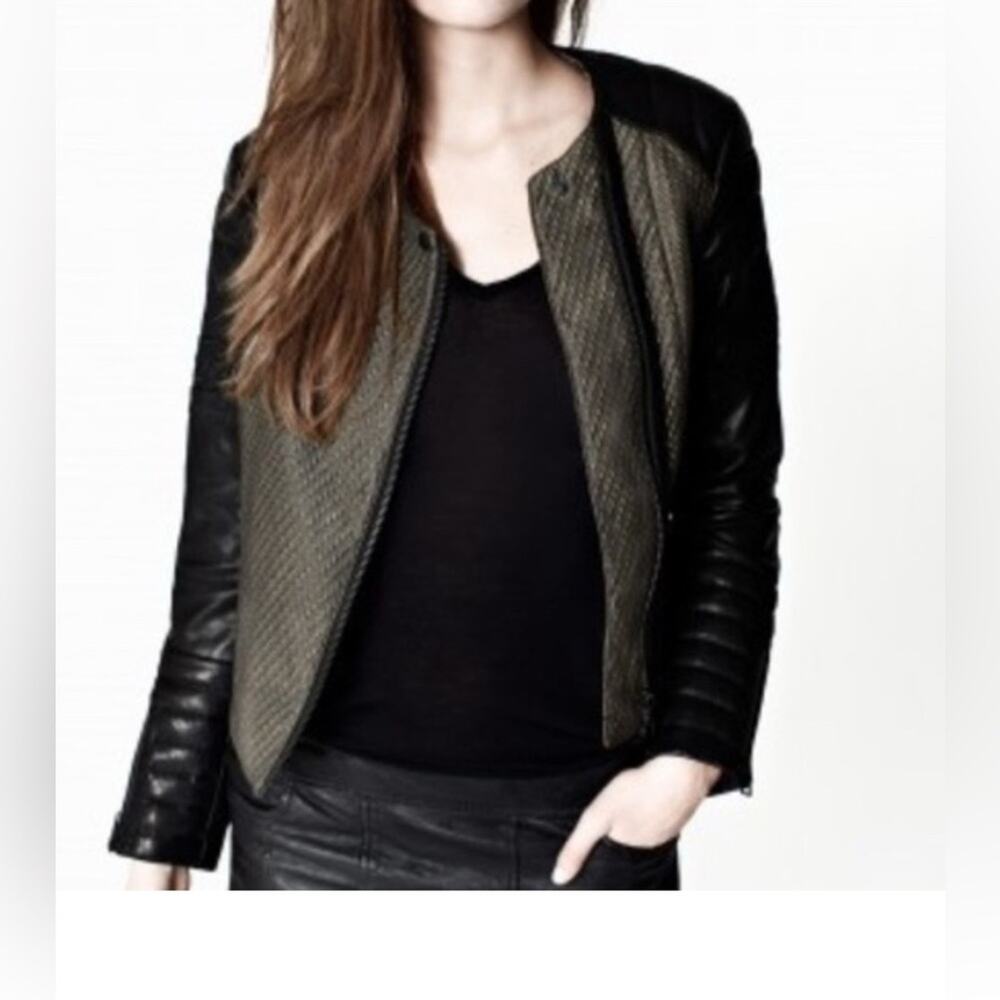 Woman’s Allsaints Abel Biker Jacket Black Leather Contrast Sleeves Size 4 - Picture 2 of 12